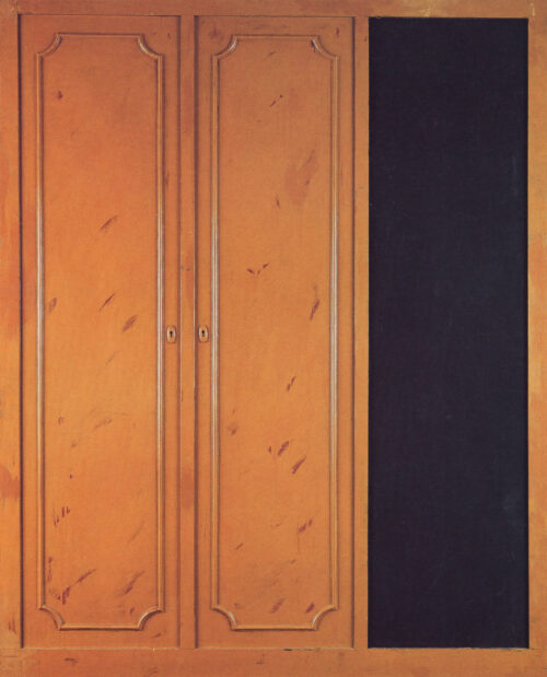 1963<br>Armadio cieco<br>ante di armadio ricostruite e smalto industriale su tavola<br>cm 160x130