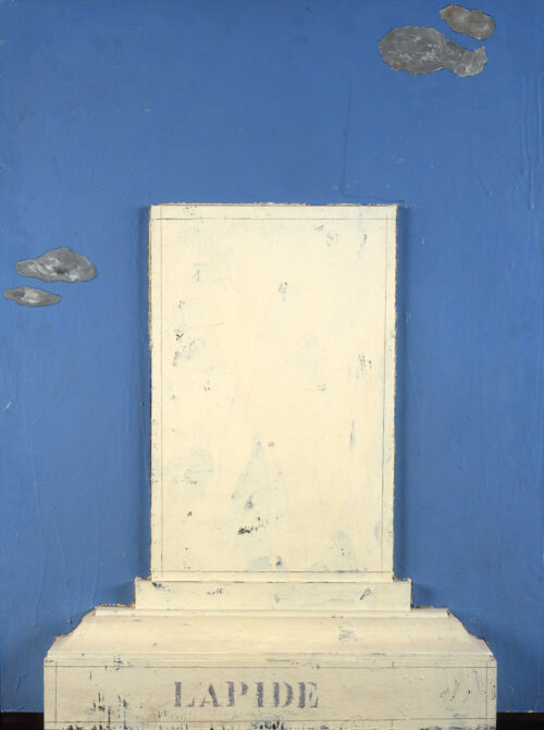 1963<br>'Lapide'<br>smalto industriale e lapide di legno su tavola<br>cm 115x90