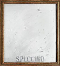 1963<br>'Specchio'<br>vernice argentata e cornice di legno dorata su tavola<br>cm 100x70