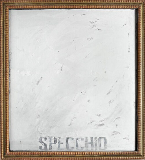 1963<br>'Specchio'<br>vernice argentata e cornice di legno dorata su tavola<br>cm 100x70