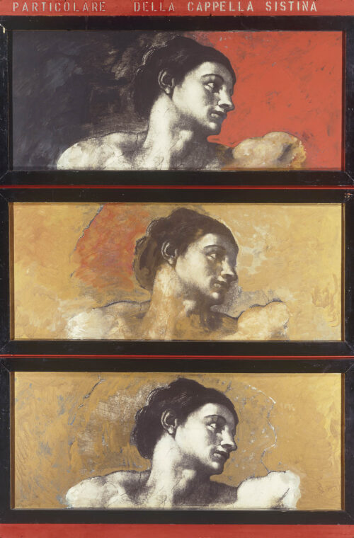 1963<br>Particolare della Cappella Sistina<br>collage fotografico, legno e smalto industriale su tavola<br>cm 195x130