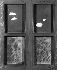 1963<br>'Finestra rossa'<br>smalto industriale e telaio in legno su tavola<br>cm 100x80