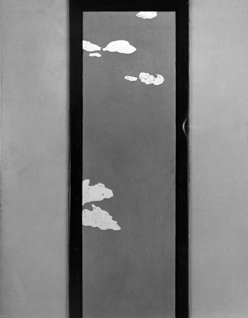 1963<br>Interno Metafisico<br>smalto industriale e collage di legno su tavola<br>cm 160x130