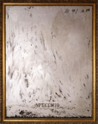 1963<br>'Specchio'<br>vernice argentata e cornice di legno dorata su tavola<br>cm 145x115