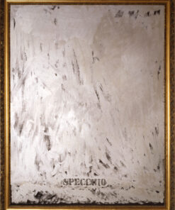 1963<br>'Specchio'<br>vernice argentata e cornice di legno dorata su tavola<br>cm 145x115