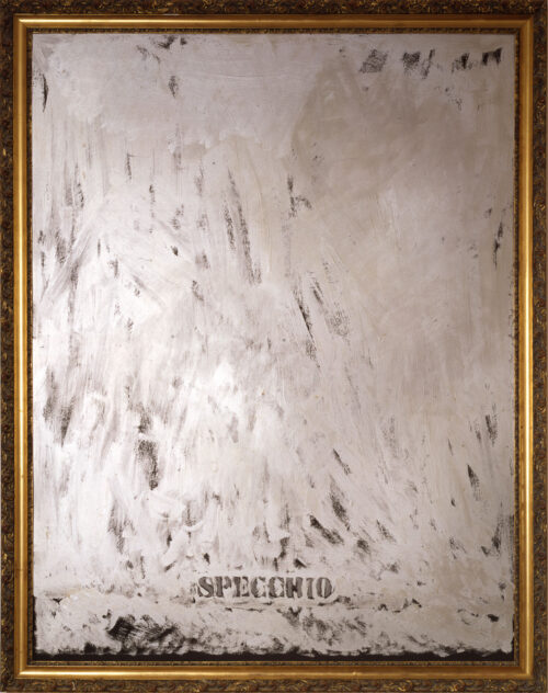 1963<br>'Specchio'<br>vernice argentata e cornice di legno dorata su tavola<br>cm 145x115