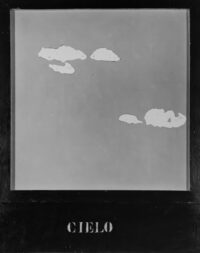 1963<br>' Cielo '<br>smalto industriale e collage di legno su tavola<br>cm 100x80