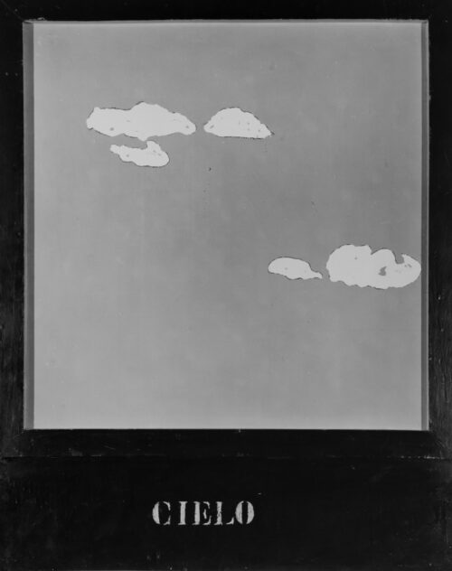 1963<br>' Cielo '<br>smalto industriale e collage di legno su tavola<br>cm 100x80
