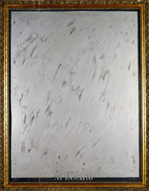 1963<br>'Specchio'<br>vernice argentata e cornice di legno dorata su tavola<br>cm 145x115