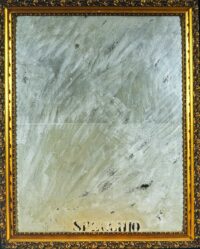 1963<br>'Specchio'<br>vernice argentata e cornice di legno dorata su tavola<br>cm 88x70