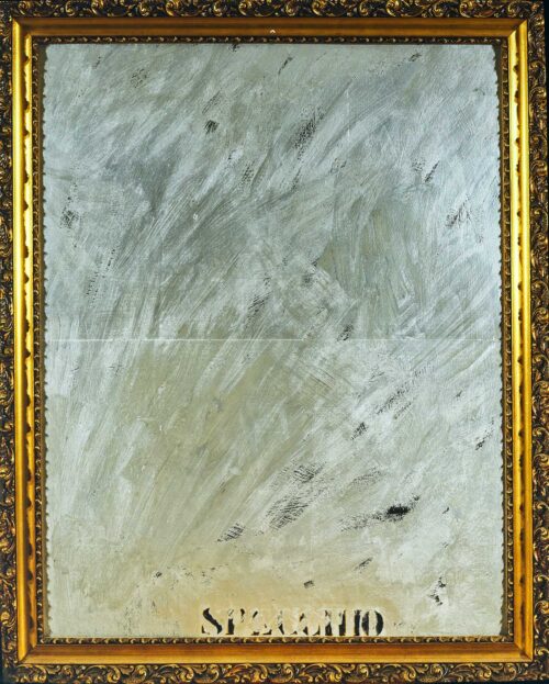 1963<br>'Specchio'<br>vernice argentata e cornice di legno dorata su tavola<br>cm 88x70