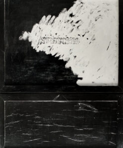 1963<br>'Specchio'<br>smalto industriale, tempera e collage di legno su tavola<br>cm 115x90