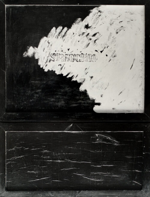 1963<br>'Specchio'<br>smalto industriale, tempera e collage di legno su tavola<br>cm 115x90