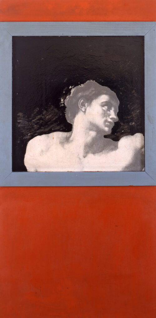 1964<br>La testa di Adamo<br>collage fotografico, legno e smalto industriale su tavola<br>cm 130x65