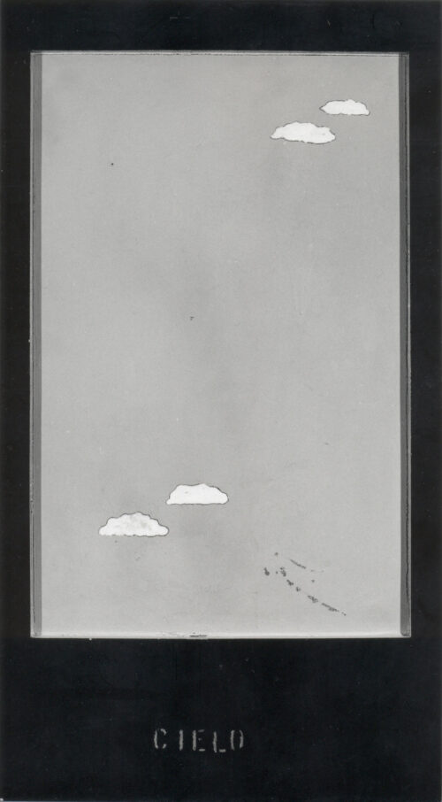 1964<br>' Cielo '<br>smalto industriale e collage di legno su tavola<br>cm 120x65