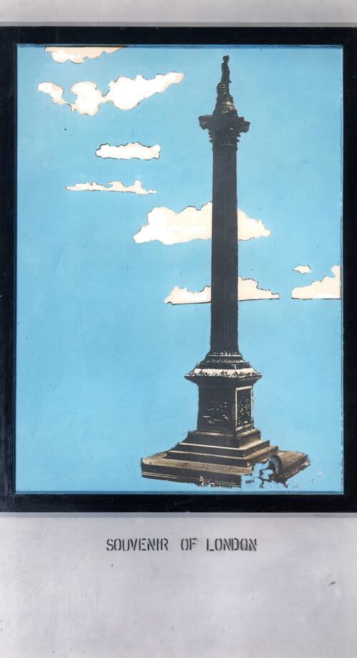 1964<br>Souvenir of London<br>smalto industriale, collage fotografico e legno su tavola<br>cm 180x95