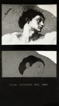 1964<br>Dalla creazione dell'uomo<br>collage fotografico e smalto industriale su tavola<br>cm 210x110