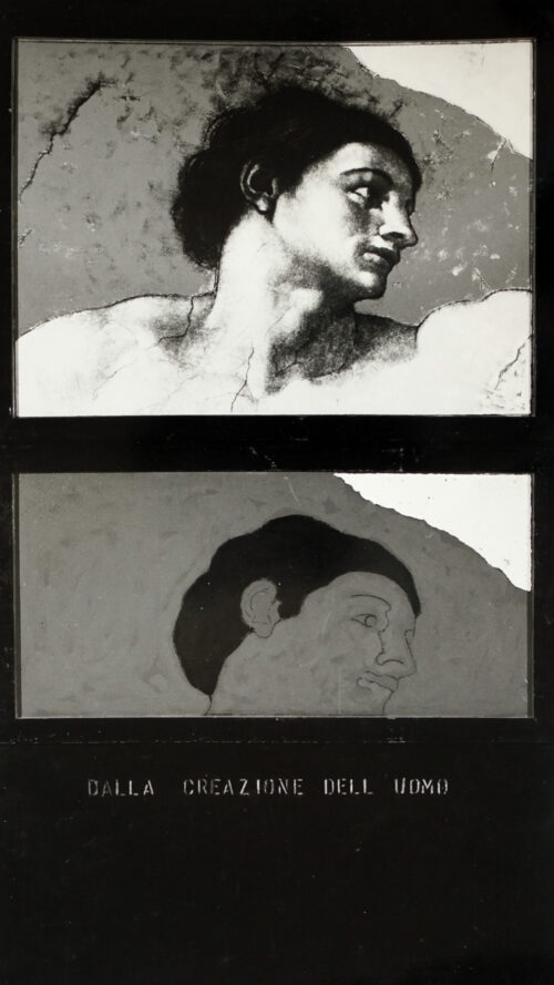 1964<br>Dalla creazione dell'uomo<br>collage fotografico e smalto industriale su tavola<br>cm 210x110