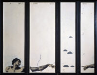 1964<br>La creazione dell'uomo<br>collage fotografico, smalto industriale su tavola<br>cm 190x270