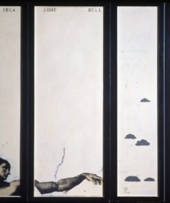 1964<br>La creazione dell'uomo<br>collage fotografico, smalto industriale su tavola<br>cm 190x270