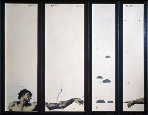 1964<br>La creazione dell'uomo<br>collage fotografico, smalto industriale su tavola<br>cm 190x270