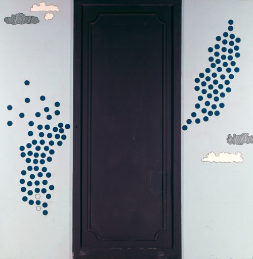 1965<br>Armadio con cielo<br>Smalto industriale, pennarello, anta di armadio ricostruita su tavola<br>cm 170x170