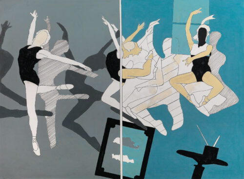 1965<br>Sequenza di balletto<br>smalto industriale e pennarello su tela<br>cm 150x200