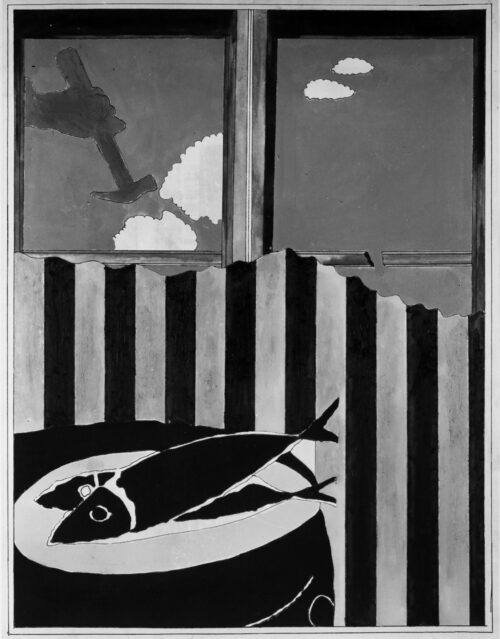 1965<br>Fish window<br>smalto industriale e pennarello su tela<br>cm 115x90