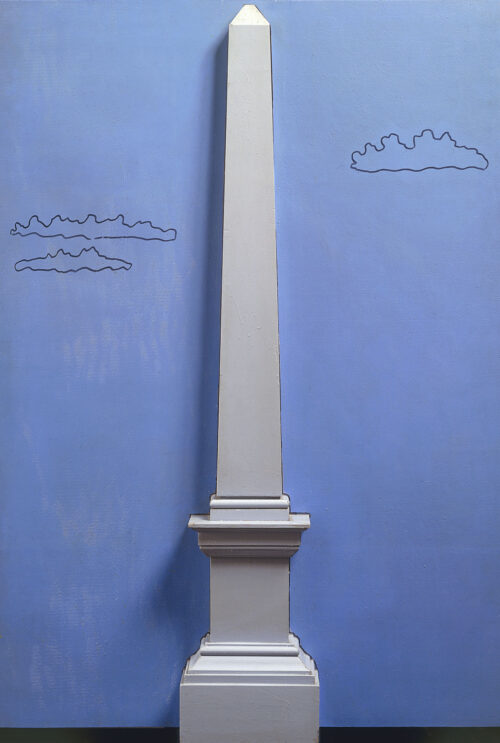 1965<br>Piazza del Popolo<br>smalto industriale e e obelisco di legno su tavola<br>cm 115x80