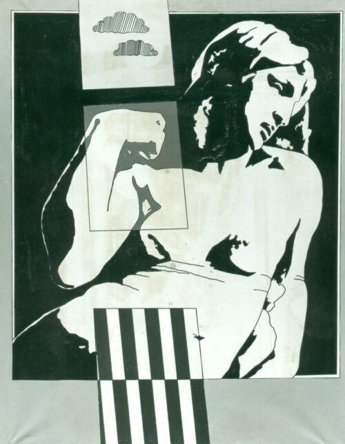 1965 18 agosto<br>Da Michelangelo le tombe Medicee<br>smalto industriale e pennarello su tela<br>cm 145x115