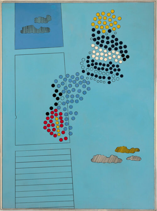 1965 settembre<br>Cielo Newyorkese<br>smalto industriale e pennarello su tela<br>cm 200x150