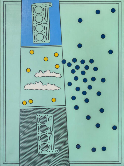1965<br>Il Cielo Meccanico IV<br>smalto industriale e pennarello su tela<br>cm 130x100
