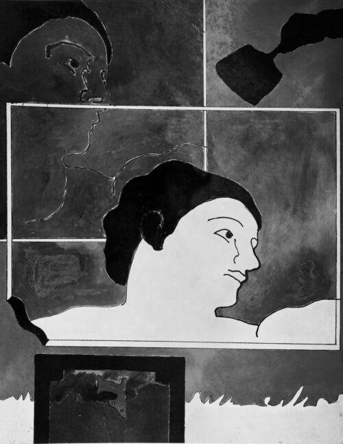 1965<br>La testa di Adamo<br>smalto industriale e pennarello su tela<br>cm 115x90