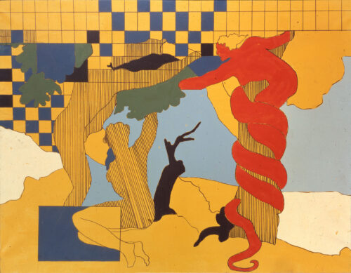 1966 giugno<br>Il peccato originale<br>smalto industriale e pennarello su tela<br>cm 90x115