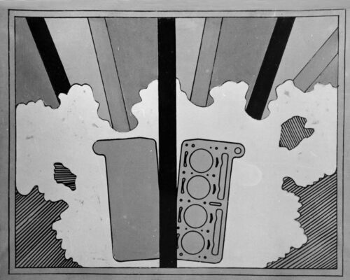 1966<br>Cielo meccanico<br>smalto industriale e pennarello su tela<br>cm 70x90