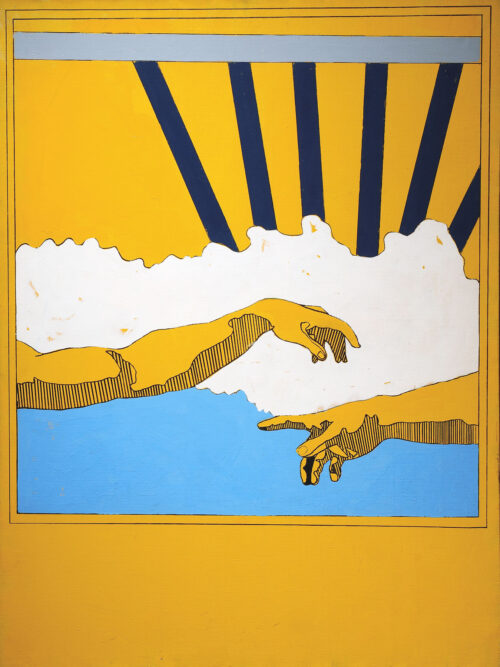 1966<br>La creazione dell'uomo<br>smalto industriale e pennarello su tela<br>cm 130x100