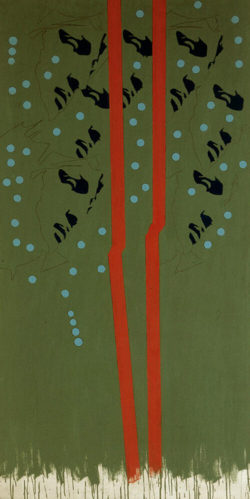 1967<br>Michelangelo according to Tano Festa<br>smalto industriale e pennarello su tela<br>cm 180x90 G.A.M. Roma