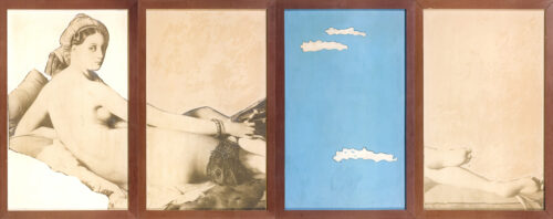 1967<br>collage fotografico, smalto industriale e collage di legno su tavola<br>cm 200x300 (4 pannelli cm 200x75)