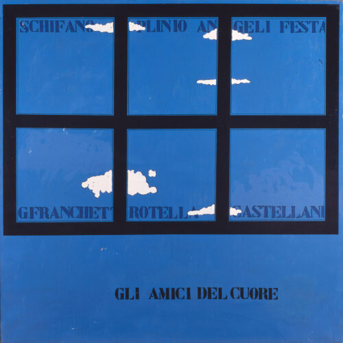 1967<br>Gli amici del cuore<br>smalto industriale e pennarello su tela<br>cm 150x150