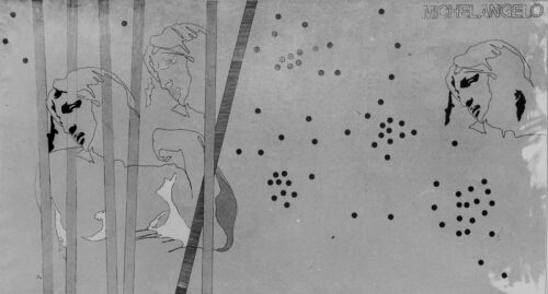 1967<br>Michelangelo according to Tano Festa<br>smalto industriale e pennarello su tela<br>cm 160x300