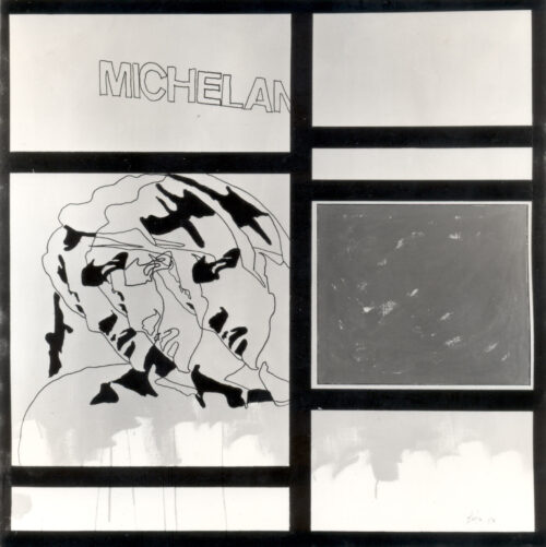 1968<br>Da Mondrian a Michelangelo<br>smalto industriale e pennarello su tela<br>cm 110x100