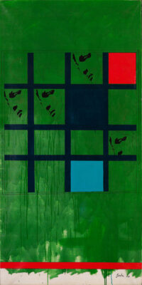 1968 ottobre, Roma<br>Da Mondrian a Michelangelo<br>smalto industriale e pennarello su tela<br>cm 200x100