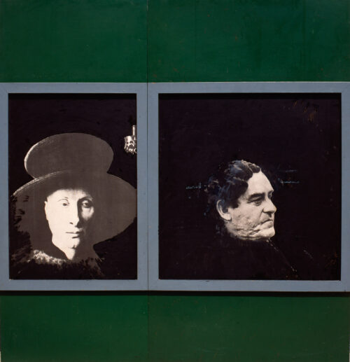 1968<br>Il collezionista in visita al museo<br>collage fotografico, smalto industriale e collage di legno su tavola<br>cm 200x190