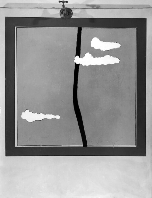 1969 11 marzo, Roma<br>Il percorso dell'acqua, dedicato a Pino Pascali<br>smalto industriale, pennarello, rubinetto in metallo applicato su tela<br>cm 90x70