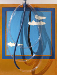 1969 11 marzo<br>Il percorso dell'acqua<br>dedicato a Pino Pascali<br>smalto industriale, pennarello, rubinetto in metallo e tubo di plastica applicato su tela<br>cm 95x75