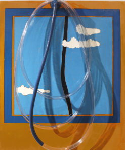 1969 11 marzo<br>Il percorso dell'acqua<br>dedicato a Pino Pascali<br>smalto industriale, pennarello, rubinetto in metallo e tubo di plastica applicato su tela<br>cm 95x75