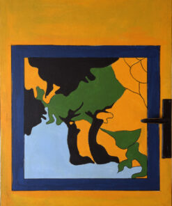 1969 14 marzo<br>' Paesaggio con la maniglia '<br>smalto industriale, pennarello, maniglia applicata su tela<br>cm 90x70