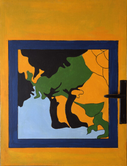 1969 14 marzo<br>' Paesaggio con la maniglia '<br>smalto industriale, pennarello, maniglia applicata su tela<br>cm 90x70