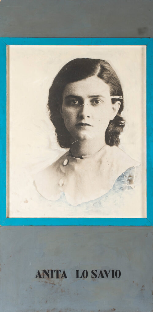 1969<br>Anita Lo Savio<br>collage fotografico, smalto industriale per l'edilizia e e collage di legno su tavola<br>cm 200x100