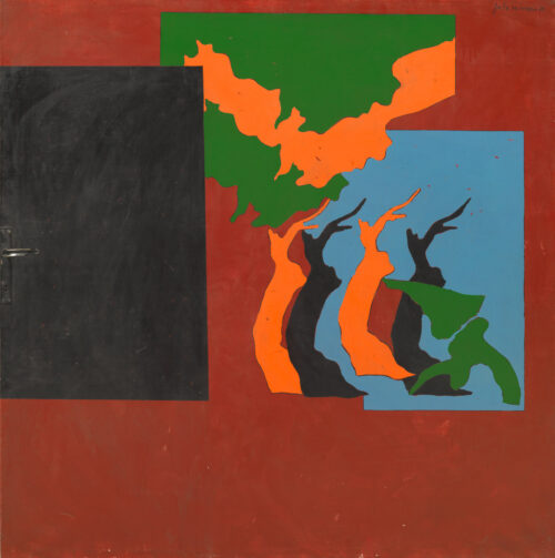 1969<br>' Paesaggio scarlatto con la maniglia '<br>smalto industriale, pennarello e maniglia applicata su tela<br>cm 150x150